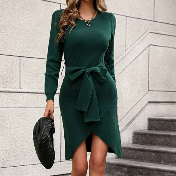 New Chic Knit Belted Sweater Dress Tulip Wrap Hem Dark Green - Picture 2 of 8